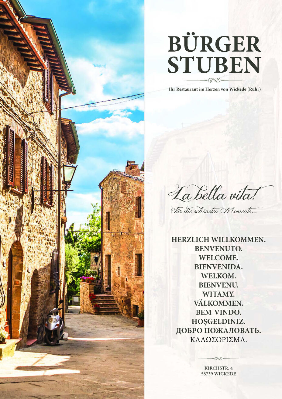 Speisenkarte des Restaurants Bürgerstuben, Inh. Guiseppe Iona, Kirchstraße 4 in Wickede – Zum Öffnen der Karte im PDF-Format einfach anklicken! 