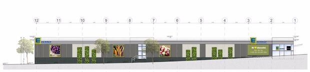 Ein Planungsentwurf für die Fassade des E-Centers von der Christian-Liebrecht-Straße aus gesehen QUELLE: GEMEINDE WICKEDE (RUHR)