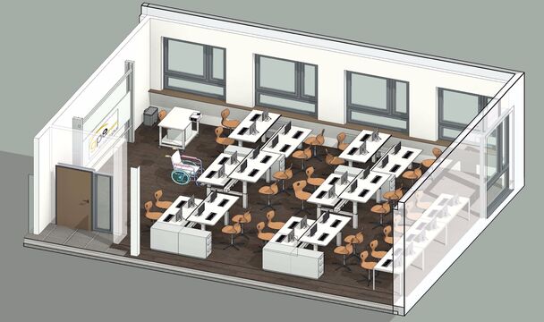 Ansicht eines Informatikraumes mit Platz zur Integration behinderter Schüler GRAFIK: GPE-PROJEKT.DE