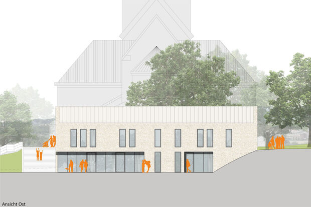 Das zweigeschossige Gemeindezentrum im Schatten der katholischen St.-Antonius-Kirche im ersten Entwurf des Architekten. GRAFIK: HILKER + PARTNER