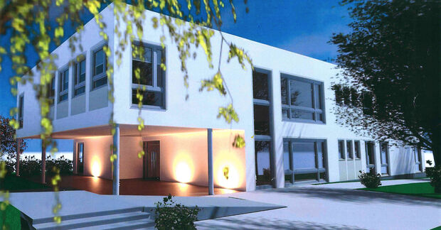 Eine fotorealistische Simulation des neuen Sekundarschultraktes in Modular-Bauweise. Das Gebäude umfasst auf zwei geschossen etwa 1.200 Quadratmeter und wird räumlich an das Bestandsgebäude angebunden. GRAFIK: GPE-PROJEKT.DE