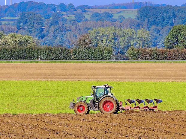 Traktor mit Pflugschar bei der Bodenbearbeitung auf einem Acker auf dem Flurstück "Wimber Heide" in Wimbern. FOTO: ANDREAS DUNKER