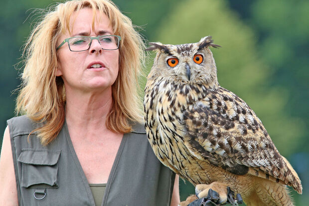 Die Mendener Falknerin Sonja Senica mit einem Uhu FOTO: ANDREAS DUNKER